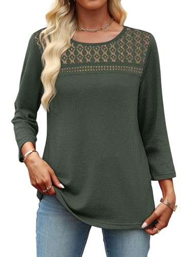 Image of OFEEFAN 3 /4 Length Sleeve Womens Tops Spring Summer Outfits Dressy Casual Blouses Lace Trendy Waffle Knit Shirts