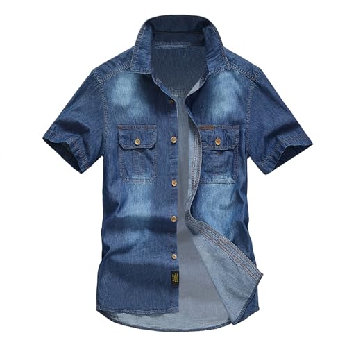Jeanshemd Herren Oversize- Jeans Hemd Herren Kurzarm,Button Down Kurzarmhemd mit Doppelte Brusttaschen Freizeit Cowboy Hemden Hemdjacke Regular Fit Herrenhemd Freizeithemden für Männer Westernhemd