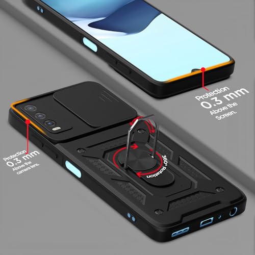 Image of Outlouders Back Cover for Vivo Y12s / Y20 / Y20i / Y20G | D10 Tough Armor 360 Protection Case with Sliding Camera Shield & Ring Holder Stand Bumper Case (Black)