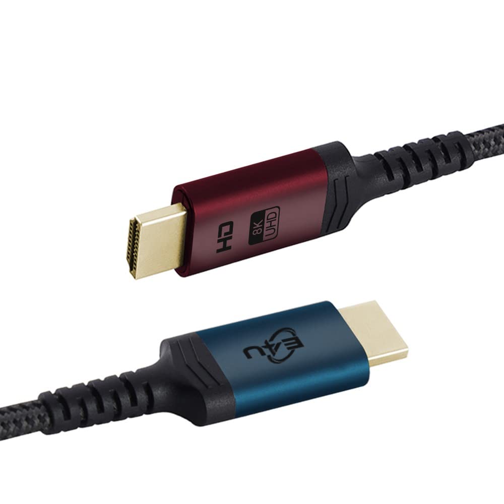E4U - 8K HDMI Cable 2.1 48Gbps High Speed 3D 8K@60Hz, 4K@120HZ Braided Nylon HDMI Cord eARC HDR10 HDCP 2.2 & 2.3-6FT (Red/Blue)
