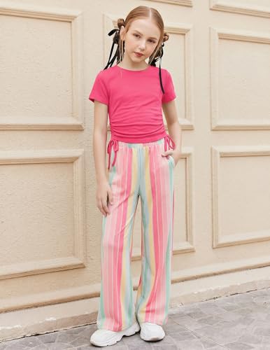 Image of Arshiner Girls 2 Piece Outfit Ruched Drawstring Tops and Wide Leg Pants Set