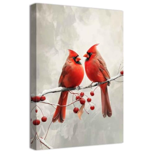 ZQQART Red Cardinal Canvas Wall Art Cardinal Bird Standing on a Branch Picture Prints Winter Animal Painting Christmas Wall Decor Artwork Framed(Grey,12.00