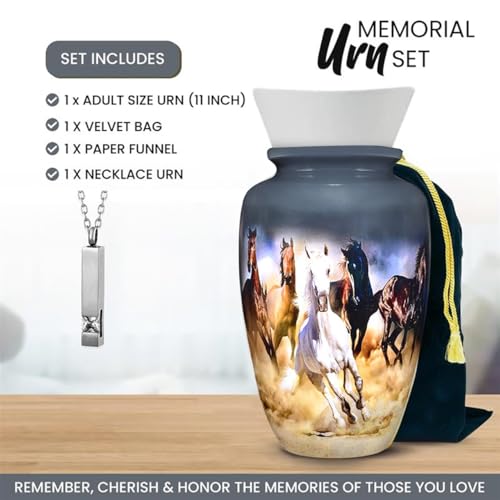 Image of Horse Cremation Urns for Men & Women with Ashes Necklace & Velvet Bag | Running Horses in Desert Theme Urns for Human Ashes Adult Man | Large Urn for Ashes Adult Male & Female - Gray, 220 lbs