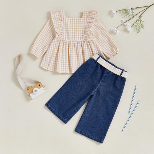 Jean Pants Set for Toddler Baby Girl Fall Two Piece Outfit Long Sleeve Ruffle Plaid Top Ripped Denim Trousers3