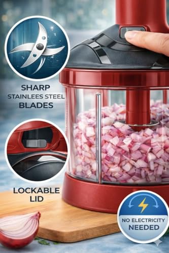 Image of YOUONE Push Chopper, 1000ml Capacity, Stainless Steel Blade, Transparent Container with Lock System, Green (Red)