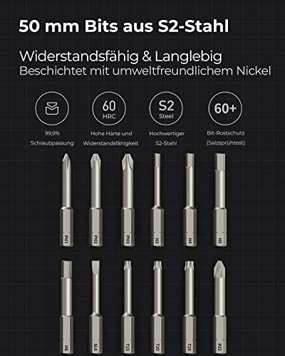 HOTO Mini Akkuschrauber , 3,6V Elektro Schrauberdreher, LED Ringlicht, 3 Drehmoment, max. 8Nm, Schrauber Set mit 12 S2-Stahl Bits, 1500mAh Akku und USB-C Ladekabel, Aluminium-Transportbox Grau – Bild 7
