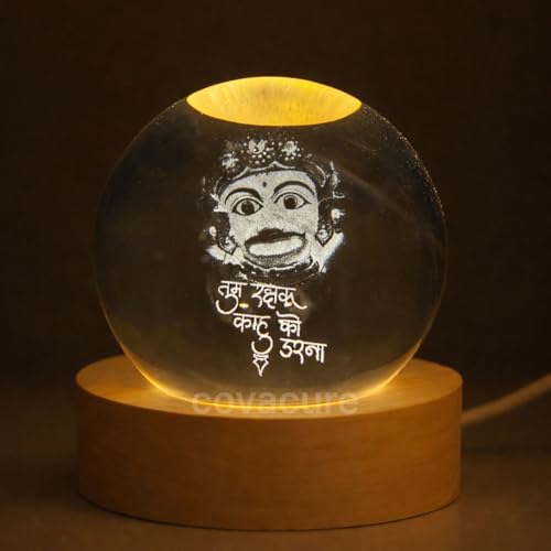 Image of COVACURE 3D Hanuman Crystal Ball Night Lamp, Solar System Kashtbhanjan Hanuman Idol Crystal Ball Night Light, USB Table Colorful LED Wooden Base Lamp for Home, Office, Birthday Gift
