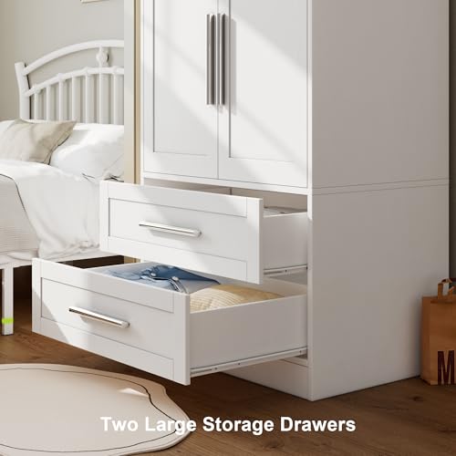Ipormis I870001306 Wooden Armoire Wardrobe Closet With 2 Drawers, Clothing Storage Cabinet With Shelves Aluminum Hanging Rod, Modern Bedroom Clothing Armoires thumb #3