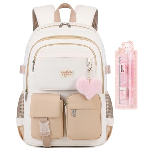 School Backpack For Student Women College Middle High Teen Girls Bookbag Waterproof Laptop Bag Beige Khaki