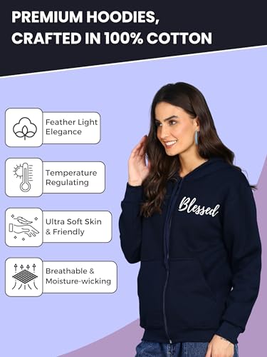 Image of Blessed Printed Women�s Full Sleeve Cotton Zipper Hoodie with Pockets | Regular Fit Hooded Sweatshirt Pullover for Winter, Casual, Outdoor, Travel & Everyday Wear