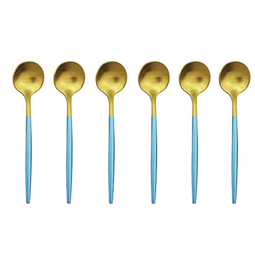 BRIIEC 6-Piece Mini Tea Spoon Set Matte Blue Handle Dessert Coffee Spoon Flatware Stainless Steel Matte Finished.Dishwasher Safe. (Blue gold)