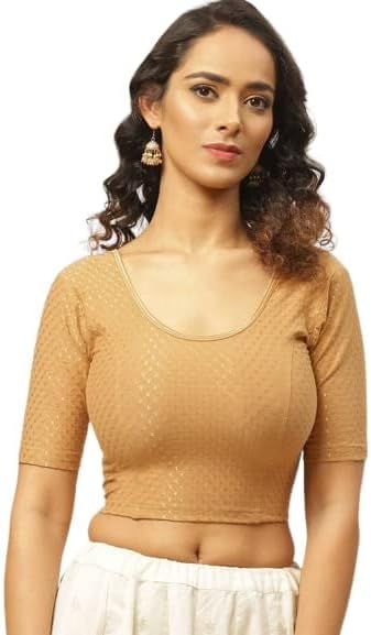 Fressia FabricsRound Neck Pure Cotton Dobby Stretchable Elbow Sleeve Readymade Saree Blouse for Women Stylish