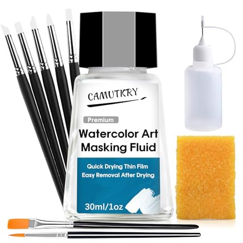 Watercolor Masking Fluid Liquid Masking for Painting Watercolor Accessories with Silicone Pen Cleaning Brush Retouching and Covering for Painting and Various Art Projects Supplies White (30ml)