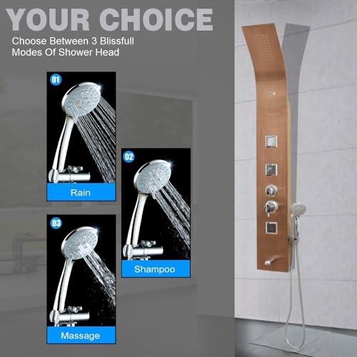 Image of JAAZ | Imperial Rose Gold Shower Panel Tower System | 3 Body Jets, Tub Spout & Hand Shower with 3 Modes | Adjustable Knobs | Bathroom Shower Set