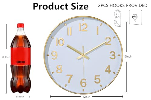 Image of Gold Wall Clocks Battery Operated, 12 Inch Non Ticking Digital Wall Clock, Silent Analog Clock for Bedroom Living Room Kitchen Office Gym Classroom, Large Number Clocks for Seniors Elderly