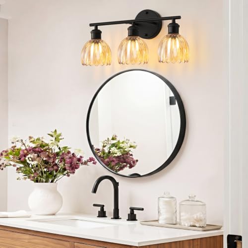 Image of Bathroom Light Fixtures, 3-Light Brushed Black Vanity Lights for Bathroom with Amber Tulip Glass Shade, 20 inch Vintage Bathroom Vanity Lighting Fixtures Over Mirror for Bedroom Living Room Hallway