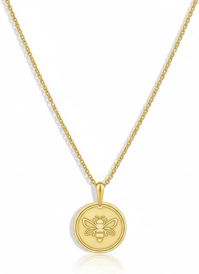 Bee Coin Necklace – 14K Gold Plated Engraved Honey Bee Pendant for Women, Adjustable 18”+3” Chain, Dainty Nature-Inspired Jewelry Gift