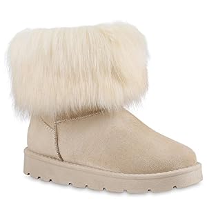 stiefelparadies Damen Stiefeletten Stiefel Kunstfell Schlupfstiefel Boots Schuhe 128698 Creme 39 Flandell