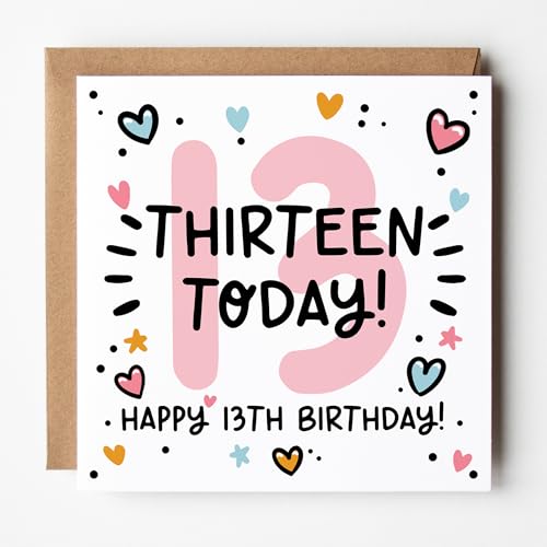 Lunella Stationery Happy 13th Birthday Card for Her - Pink Age 13 Card - Cute & Trendy Design Blank Inside With Kraft Envelope (Age 13)
