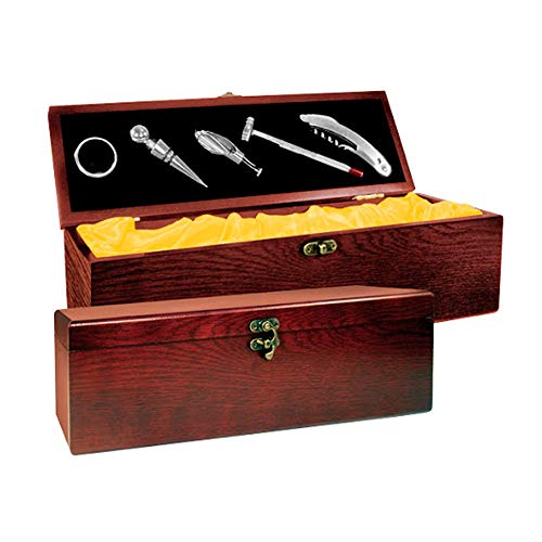 Kit Porta Vinho Luxo 5 Acessórios Inox e Caixa De Madeira