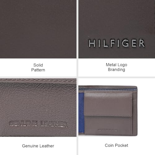 Image of Tommy Hilfiger Men's Leather Wallet Pelotas | Solid Brown Bi-Fold with Global Coin Pocket, 4 Card Slots | Stylish Purse for Gents