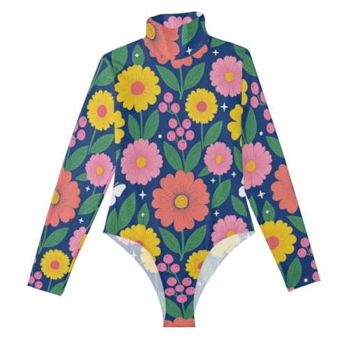 Body de manga larga para mujer GuoChe azul marino con estampado floral y hojas
