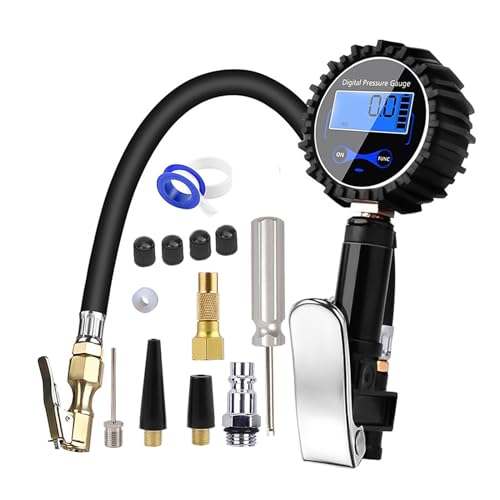 Digital Tyre Inflator with Gauge 220 PSI Tyre Pressure Gauge with LCD Display 4 Measurement with Rubber Hose Quick Connect Couple Accessories Tyre Inflator Air Tool for Car Truck Moto Tyre Pressure
