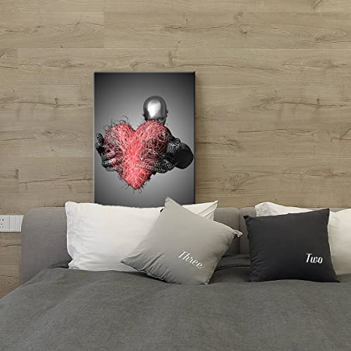 Framed Love Red Heart 3D Metal Sculpture Effect Romantic Couple Living Room Canvas Wall Art, Black And White Modern Abstract Embrace Lovers Painting Picture Poster Print Bedroom Living Room Bathroom Hotel Valentine's Day Ready To Hang 12X16Inch #TOP6