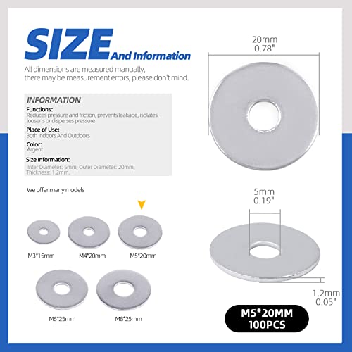 GLARKS G-2355 100Pcs M5 x 20mm Large Fender Washers 304 Stainless Steel Flat Washers Set for Screw Hardware Lock - Image 2