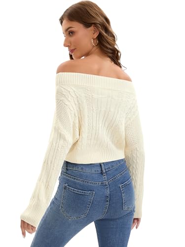 Women Off Shoulder Sweaters Batwing Sleeve Knit Pullover Long Sleeve Cropped Sweater Tops Fall Outfits4