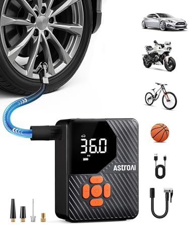 AstroAI L7 Mini Tire Inflator Portable Air Compressor,150 PSI Cordless Car Tires Air Pump with LED Lights&Pressure Gauge,Auto Shut-Off - Tire Pump for Auto,Motorcycle, Bicycle, Ball Orange