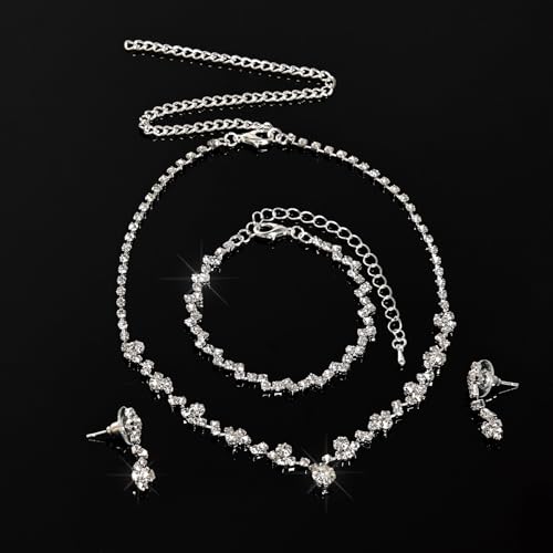 Women Jewelry Set Silver Necklace Earrings Bracelet Rhinestone Crystal Bridal Wedding Jewelry Sets for Brides Bridesmaid Wedding Party3