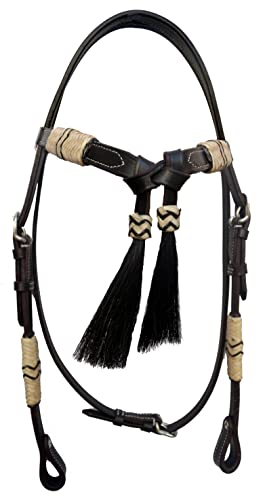 WeavingCraft Brown Leather Western Headstall Bridle Hand Braided Natural and Brown Rawhide Knotting Futurity Knot Black Color Hair Tassels- (Full Size)