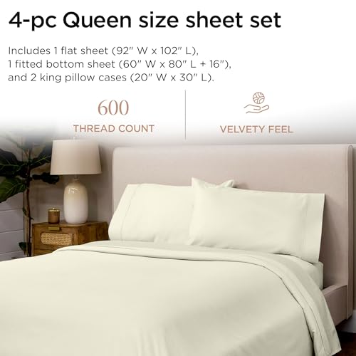 Image of Threadmill 100% Cotton Sheets for Queen Size Bed - 600 Thread Count Queen Bed Sheets Set with 16 inch Deep Pocket - Sateen Weave 4-Piece Bedding Set with Cooling Effect, Ivory