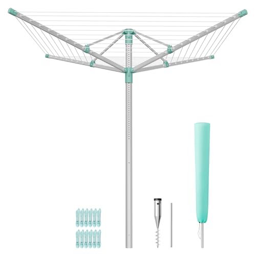 SONGMICS Wäschespinne, Wäscheständer höhenverstellbar, Aluminiumlegierung, draußen, mit Bodenanker, Schutzhülle, Wäscheklammern, silbern-grün, 40 m Wäscheleine, für 4 Waschladungen LLR303EZ01