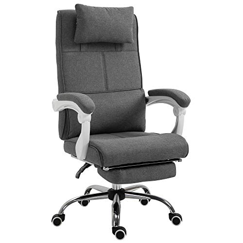 HOMCOM Fauteuil de Bureau Chaise de Bureau Manager Grand Confort Repose-Pied tétière intégrés Dossier inclinable Lin Gris