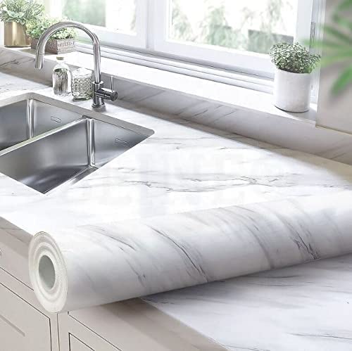 SOPTOOL Kitchen Sheets for Shelves (60×200 cm) Waterproof Wallpaper Cupboard Mats Roll for Wardrobe Anti Slip Mat for Kitchen Cabinet Shelf Liners Sheet Roll for Floor Platform Fridge (White Marble)