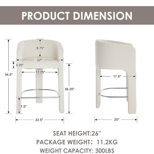 Image of HNY Modern Barrel Bar Stools Set of 2, 26 Inch Upholstered Velvet Counter Height Barstools with Back and Armrests, for Kitchen Island, Home Bar, Dining Room, No Assembly, Cream