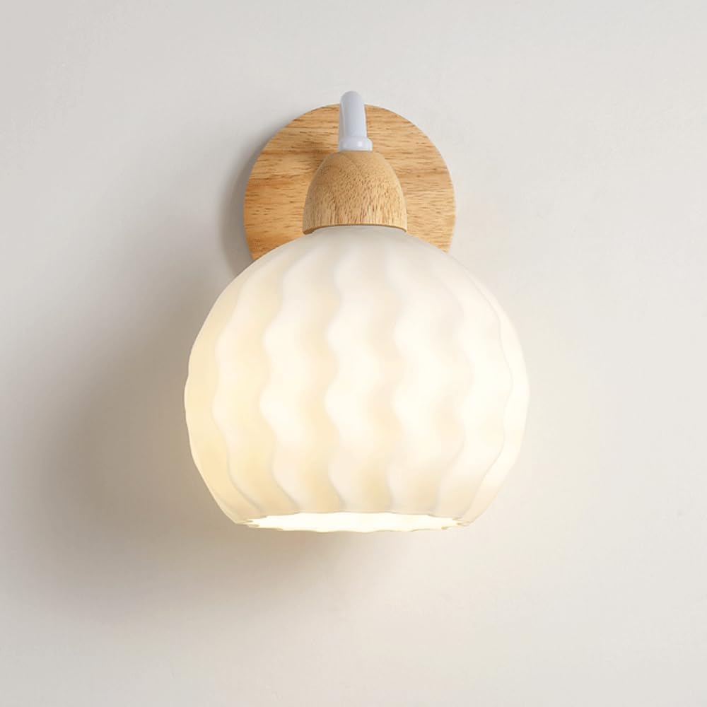 ITOSUI Milk White Glass Wall Sconce - Nordic Japanese Wood Wave Finish Bedside Lamp for Bedroom and Hallway