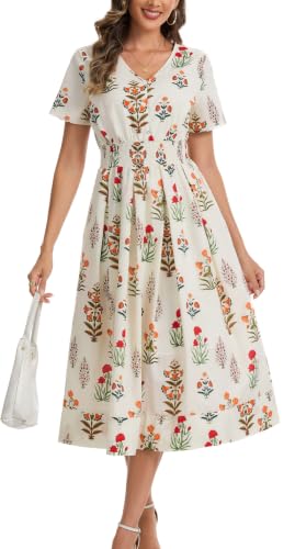 Image of Kormei Women Casual Boho V Neck 3 /4 Sleeve Smocked Waist A Line Flowy Swing Midi Dress Smocked Long Dress