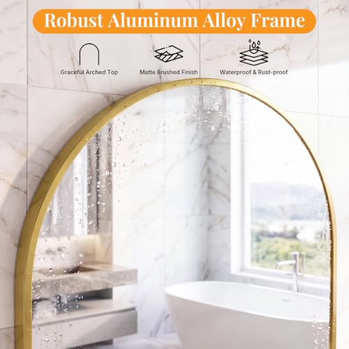 Image of Sweetcrispy 31 inchx32 inch Arched Gold Bathroom Mirror, Bathroom Mirrors for Over Sink, Modern Wall Mirrors Arch Decorative for Entryway, Bedroom, Vanity,Horizontal or Vertical Hanging