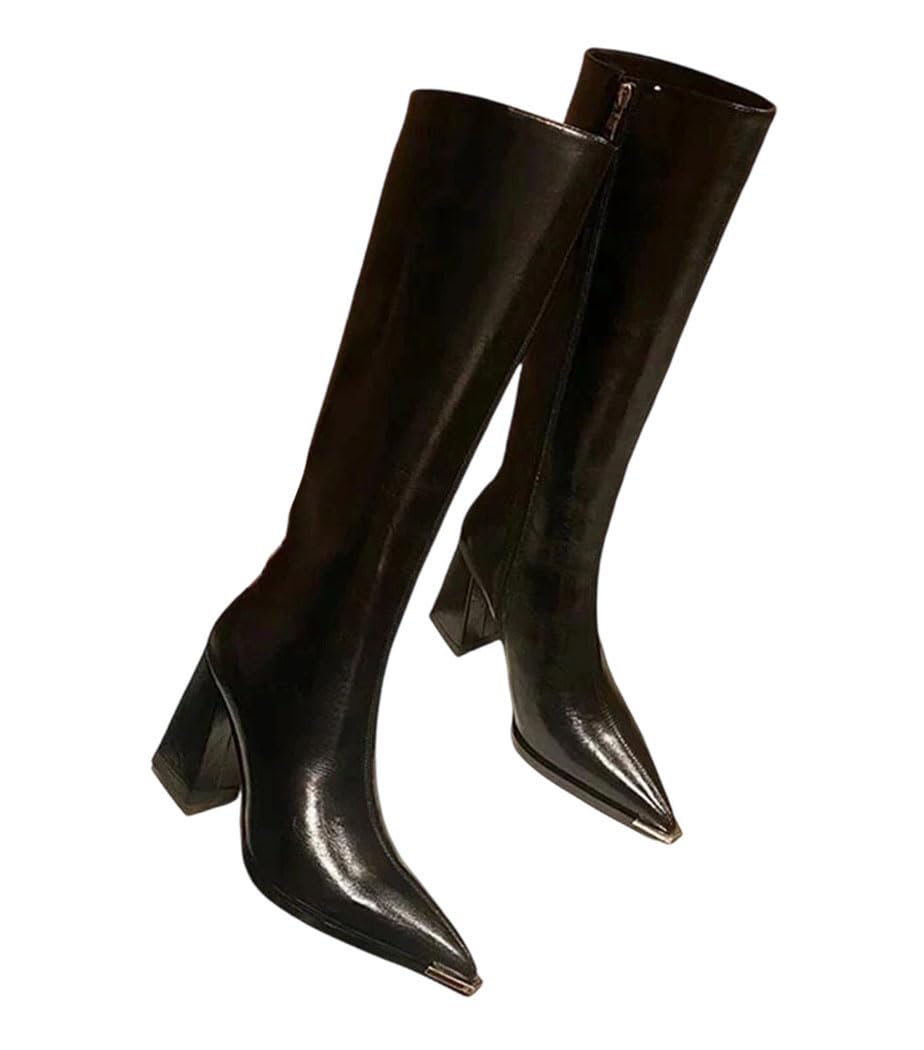Womens Winter High Boots Pointed Toe Long Booties With Side Zippers Elegant High Heels Fashion Shoes