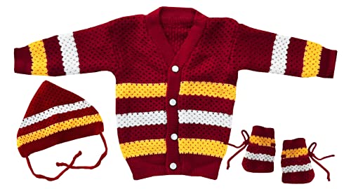 Image of little PANDA Unisex Baby Sweater Woollen Knitted Full Sleeves Sweater with Cap and Booties Set Woolen Sweater Baby Boys and Baby Girls