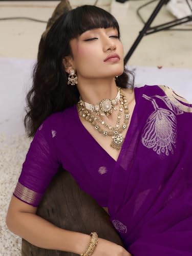 Image of AKHILAM Women's Kanjivaram Pure Silk Floral Printed Saree With Unstitched Blouse Piece