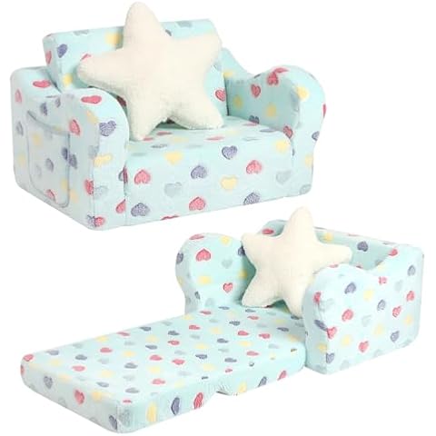 MOMCAYWEX Toddler Couch, 2-in-1 Toddler Soft Couch Fold Out with Star Pillow, Convertible Sofa to Lounger for Girls and Boys, 1-Seat Cover