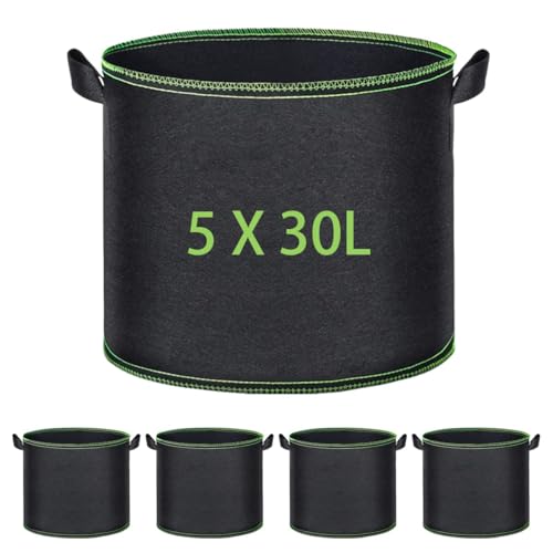 5X Pflanzsack 30L, Vliesstoff Pflanztasche mit Tragegriffen, Wiederverwendbare Pflanzsäcke für Garten, Balkon, Terrasse und Gewächshaus