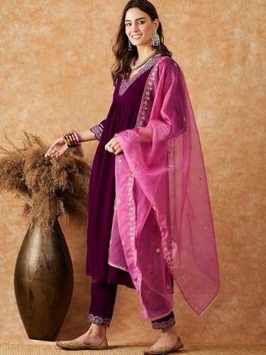 Image of SheWill Women's Zari Sequence Embroiderd Velvet Kurta with Pant and Dupatta| Salwar Suit Set with Dupatta| Velvet Kurta Set Women| Kurta Set for Women|Kurta Set with Dupatta for Women| Anarkali Kurta
