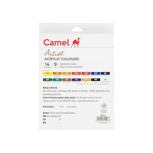 Image of Camel Acrylic Color Box - 9ml Tubes, 14 Shades, Including Gold & Deep Magenta Colour