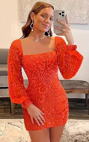 Long Sleeve Homecoming Dresses for Teens Sparkly Sequin Short Tight Party Dress Square Neck HOCO Dresses IMC0342