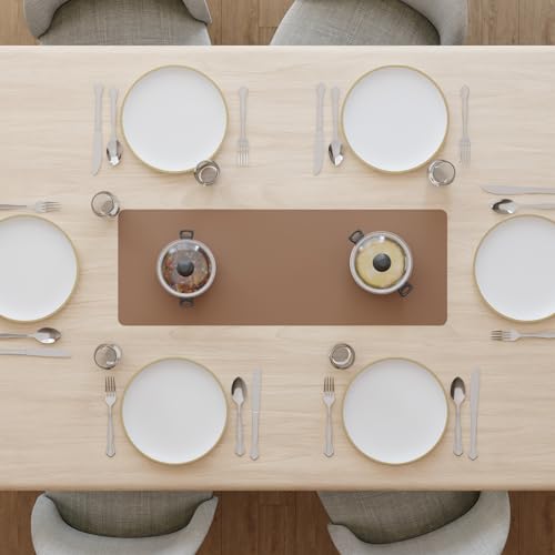 Image of Encasa XO Leather Dining Table Runner | Water & Heat Resistant Double-Layer Runners with Suede Top | Wipeable & Durable Table Runner for Centre Table | 30x85 cm - Taupe